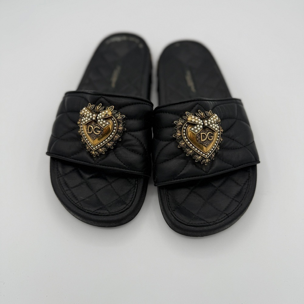 Dolce & Gabbana Black Quilted DG Heart Embellished Devotion‎ Slides Sandals